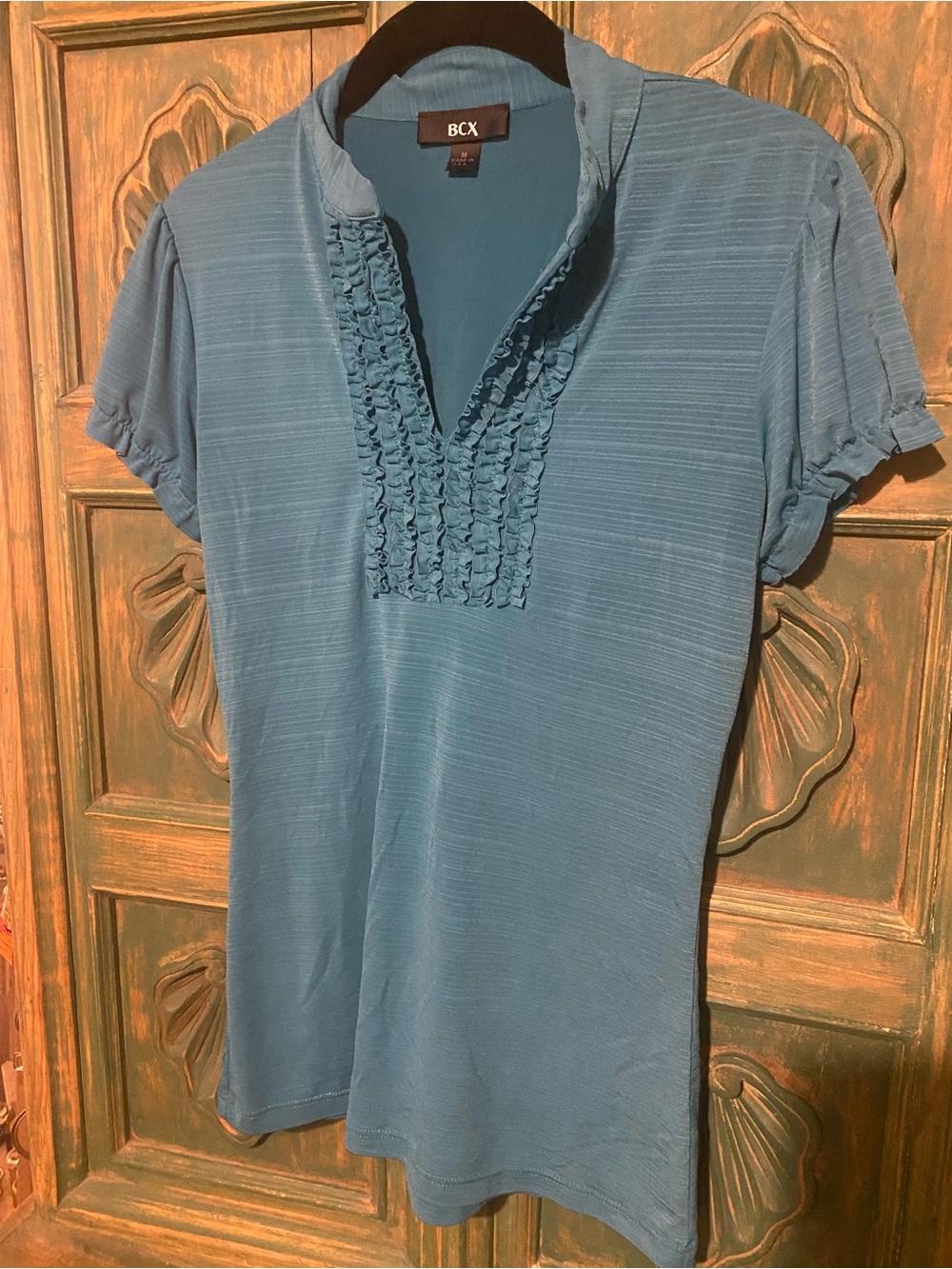 BCX Teal Ruffled V-Neck Short Sleeve Tee